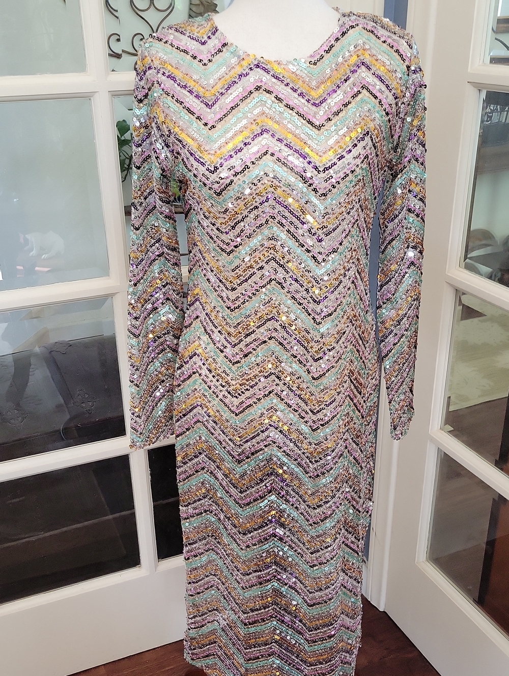 ZARA Limited Edition Sequin Long Sleeve Chevron Midi Dress | Size: L